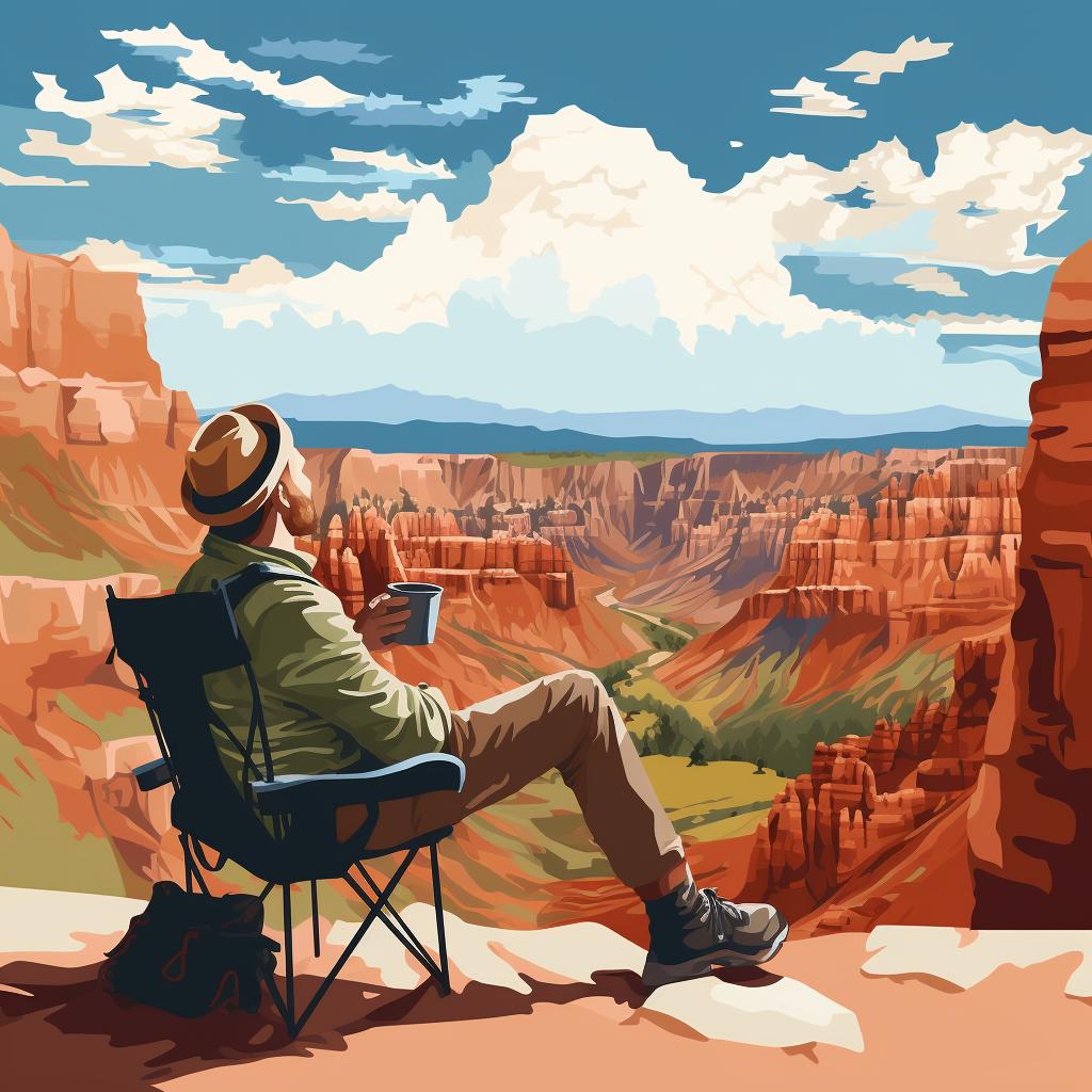 Hiker resting and drinking water with Cedar Breaks National Monument in the background